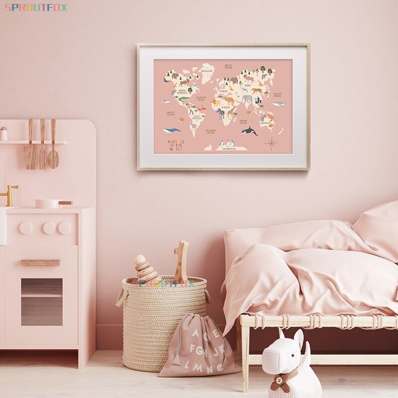 Kids Education World - Educational Cartoon Animal World Map Canvas